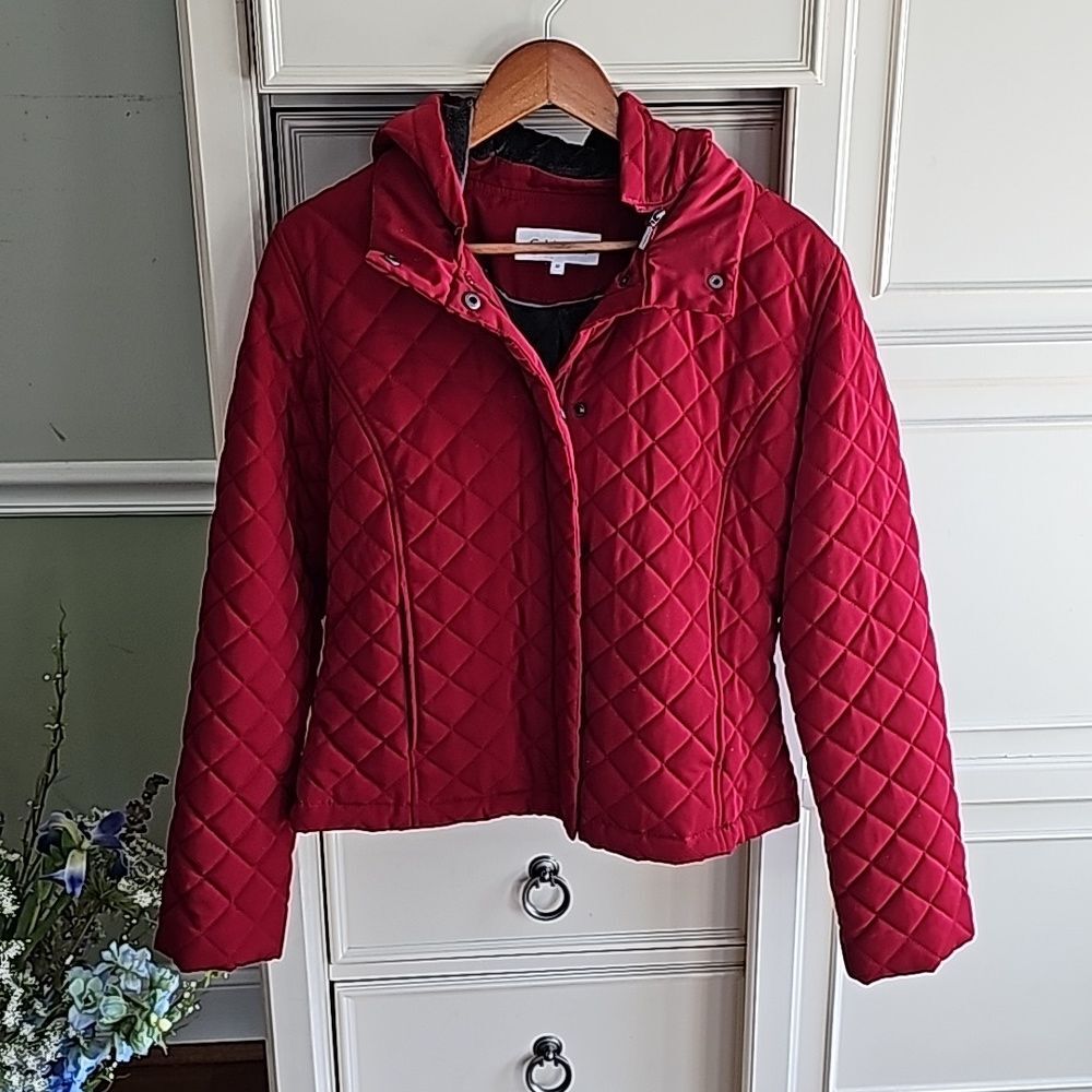 CALVIN KLEIN Women's Quilted Red Coat Size M. Excellent Condition!